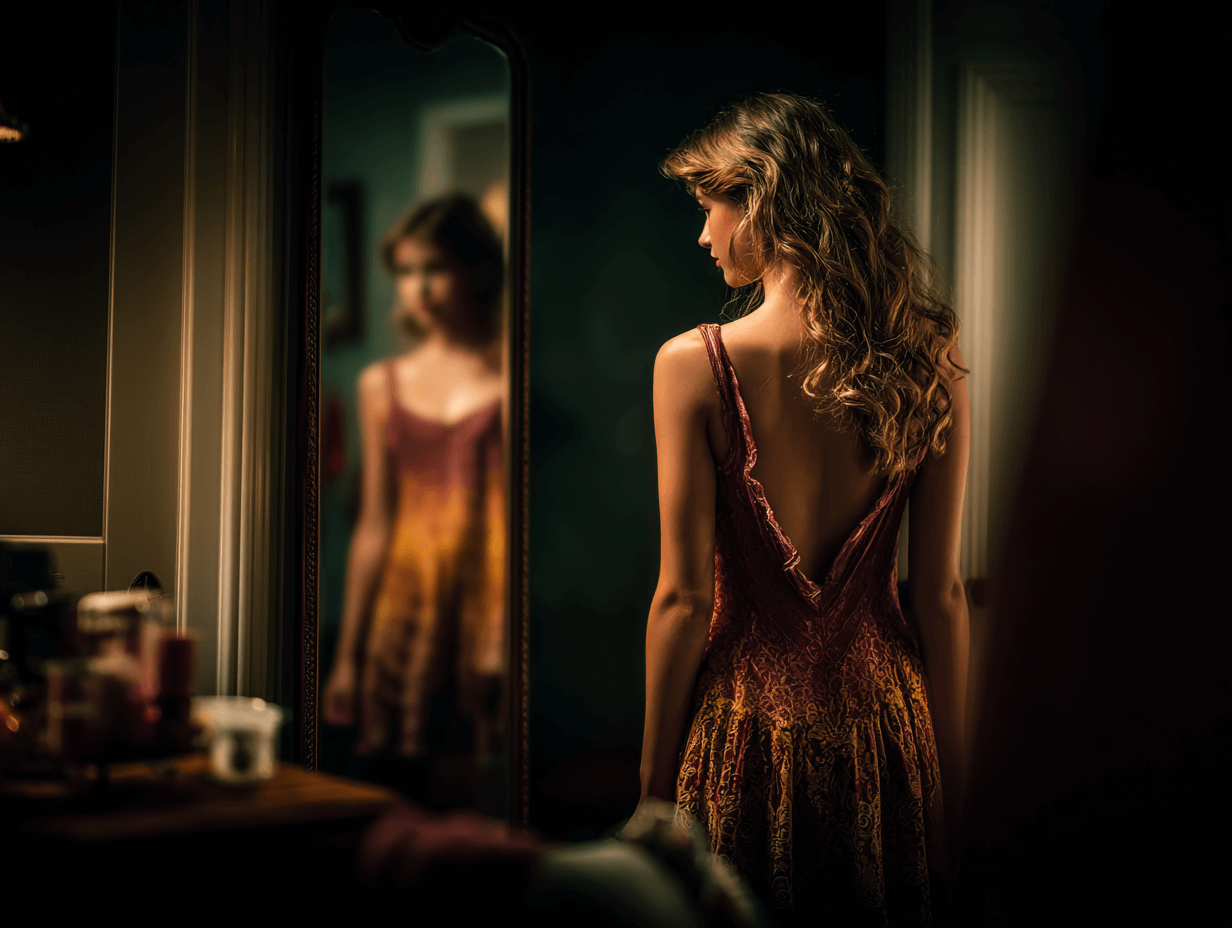 Harper looking at herself in the mirror after Alex's makeover