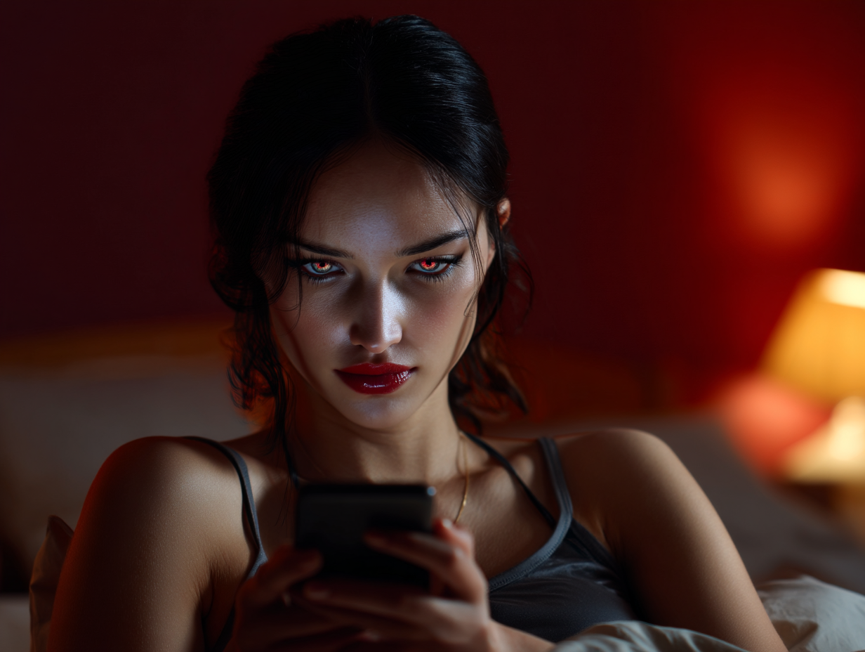 Valentina waking up and checking her phone in bed