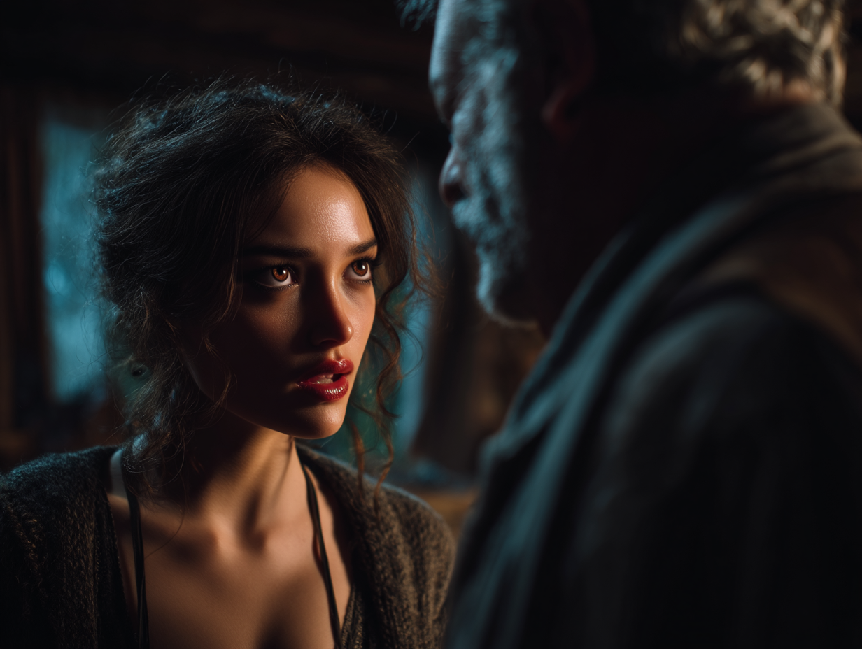 Tense confrontation between Valentina and her father in the pack house