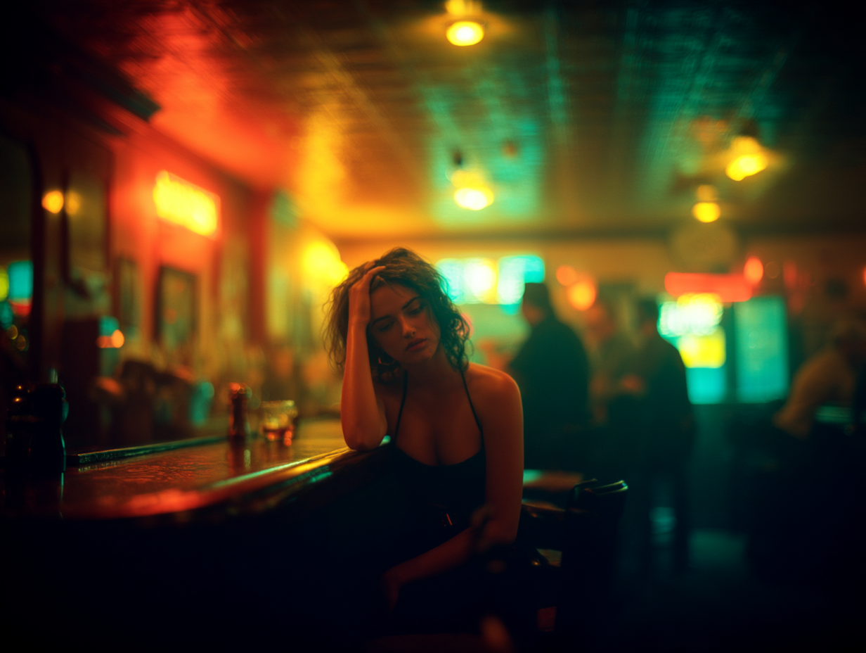 Valentina sitting alone at a bar, deep in contemplation
