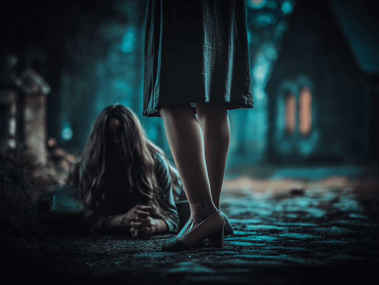 Matron standing over Amelia who is on her knees in pain