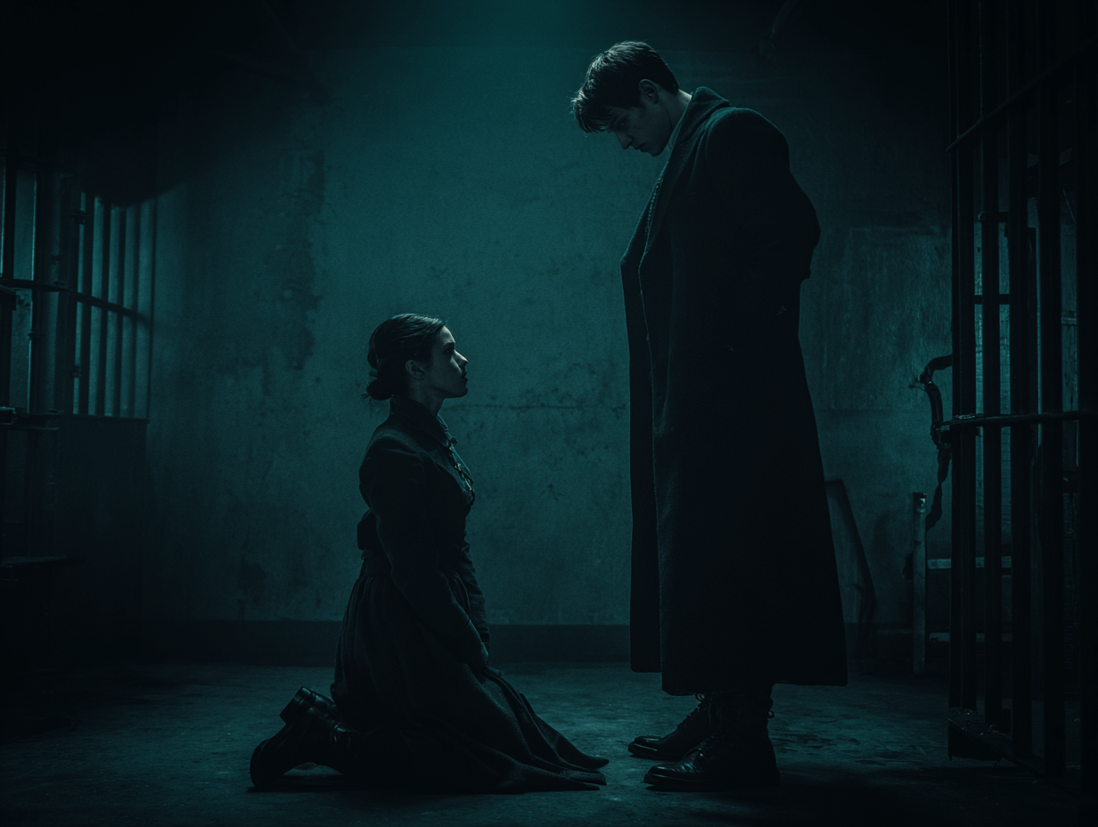 Mr. Blackwood, a pale vampire, examining Amelia with hunger in his eyes